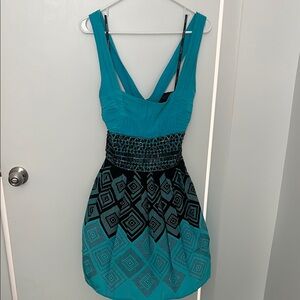Elegant Teal and Black Geometric Dress